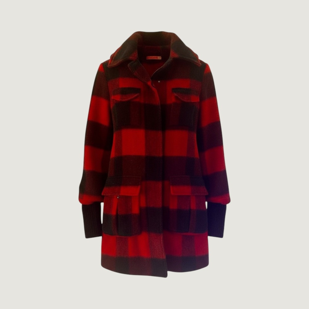 Alice + Olivia Coat Size XS Red Black Buffalo Plaid Wool Blend Flaw